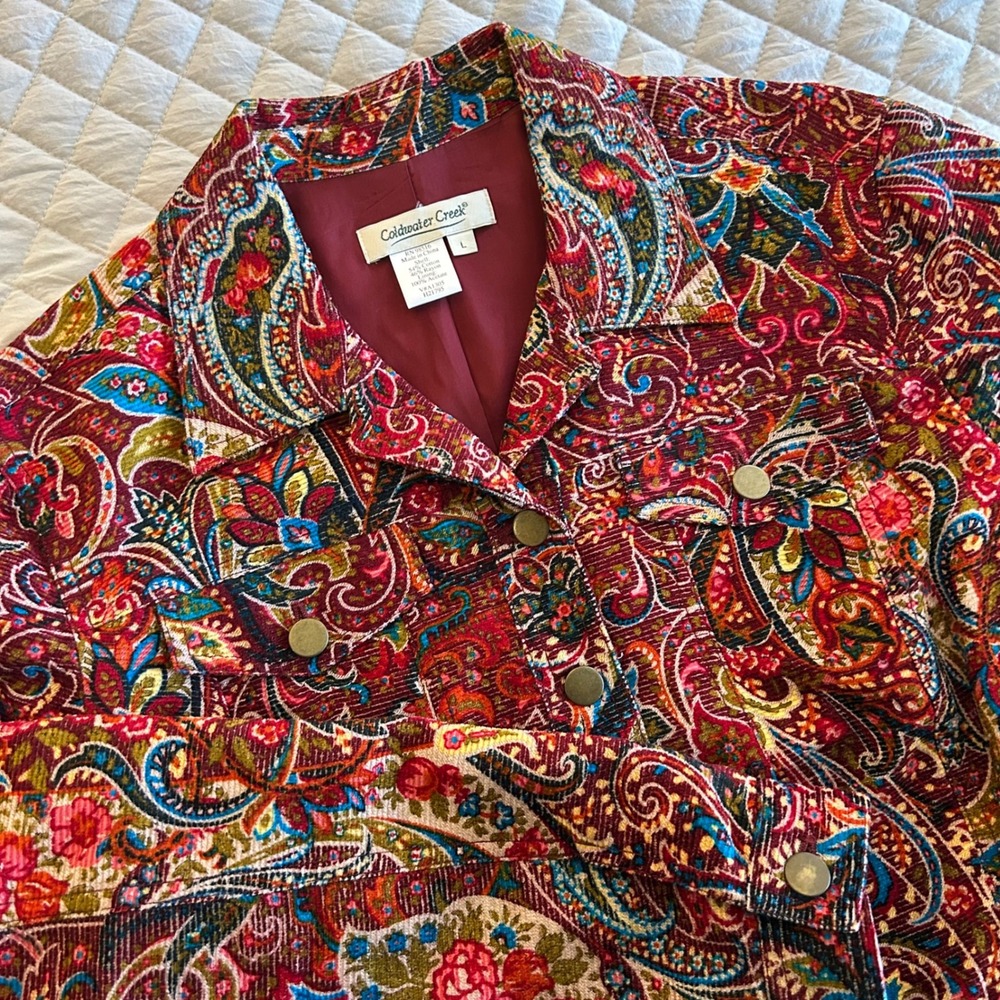 Coldwater Creek Paisley Print Corduroy Blazer Jacket Burgundy Blue Multi Size L - Picture 3 of 9